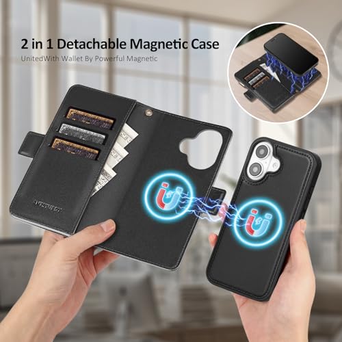 Antsturdy Compatible with MagSafe iPhone 17 Wallet Case,Black | Detachable Magnetic Credit Card Holder,RFID Blocking,PU Leather Zipper Purse,Wrist Strap Kickstand,Flip Phone Cover for Women - color: (Detachable with Magsafe)-Black