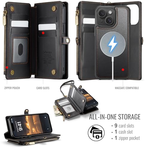 Defencase for iPhone 14 Plus Case Wallet Compatible with Magsafe, Black | Drop-Proof Magnetic Detachable Phone Cases Cover, with RFID Bolcking Card Holder, Zipper Strap, PU Leather, Removable Wallet - color: (Detachable with Magsafe)-Black