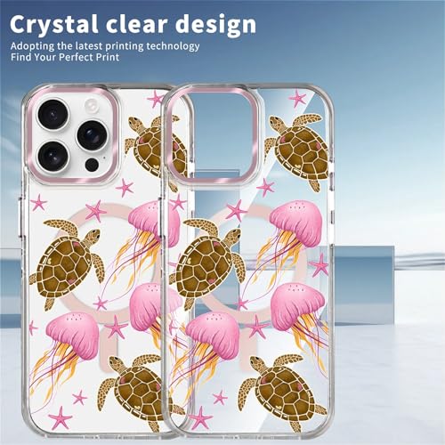 VisEnt Clear Case for iPhone 15 ProMax, Magnetic Phone Case, Transparent Slim Cover, Military Grade Protection, Shockproof, Anti-Yellowing, Scratch Resistant, Pink Jellyfish Sea Turtle - color: Pink Jellyfish Sea Turtle, size: Iphone 15 Pro Max