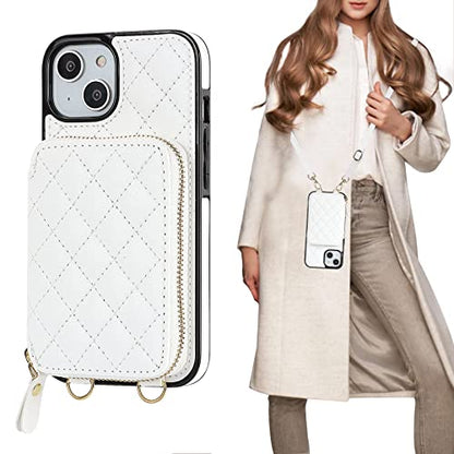 Bocasal Crossbody Wallet Case Card Holder for iPhone 13, White | RFID Blocking PU Leather Zipper Handbag Purse, Kickstand Flip Folio Case with Card Slots Holder Wrist Strap Lanyard 6.1 Inch - color: White