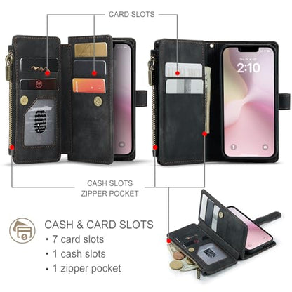 Compatible with iPhone 16e/17e Wallet Case,with Card Holder Kickstand Magnetic Zipper Pocket Lanyard Strap Wristlet,Leather Flip Case Wallet for iPhone 16e/17e 6.1 Inch(Black) - color: Black, size: iPhone 16E/17E 6.1 Inch