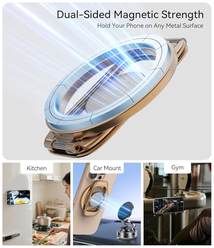 Magnetic Phone Ring Holder for MagSafe Phone Grip & Kickstand, Strong Dual-Sided Magnets Compatible with MagSafe Car Mount for iPhone 17/16/15/14/13/12 Pro Max and Android Phone Cases (Gold) - color: Gold