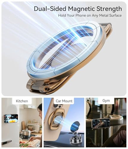 Magnetic Phone Ring Holder for MagSafe Phone Grip & Kickstand, Strong Dual-Sided Magnets Compatible with MagSafe Car Mount for iPhone 17/16/15/14/13/12 Pro Max and Android Phone Cases (Gold) - color: Gold