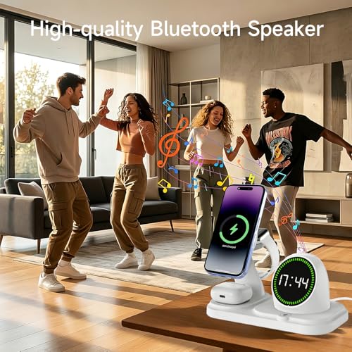 6 -in -1 Wireless Charger Charging Station : Compatibility for iPhone 17 16 15 14 Pro Max Apple Watch, Charger Stand for Apple Devices, with Wireless Speaker and Digital Clock Ambient Lights (White)