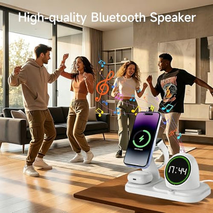 6 -in -1 Wireless Charger Charging Station : Compatibility for iPhone 17 16 15 14 Pro Max Apple Watch, Charger Stand for Apple Devices, with Wireless Speaker and Digital Clock Ambient Lights (White)
