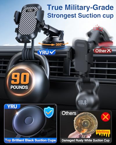 YRU True Military-Grade [360° Rotation Suction] 2026 Ultimate Car Phone Holder Mount 【90+LBS Safest Strongest & Patent Certs】 Dashboard Windshield Vent for iPhone 18 Pro Max Samsung Webcam,Gloss Black - color: Gloss Black