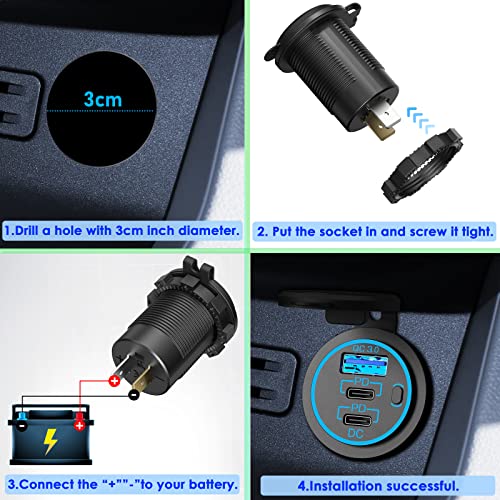 USB C Car Charger Socket – 58W Lengthened RV USB Outlet 12V Socket Dual 20W PD3.0 USB-C and 18W QC3.0 Car USB Port with Button Power Switch for Boat Marine Motorcycle