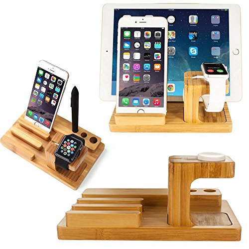 Bamboo Wood Multi-Device Desktop Charging Dock Station Charger Holder Cradle Charge Stand for iPhone 16 15 14 13 12 11 Pro Max iWatch 2 3 4 5 Compatible with iPad Mini Air Pro 2 3 Smartphones