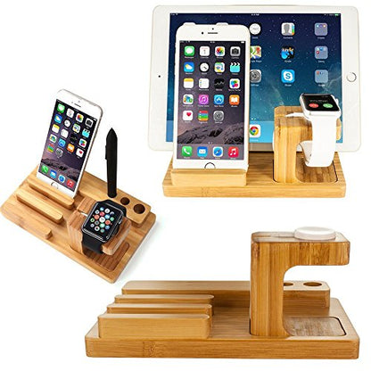 Bamboo Wood Multi-Device Desktop Charging Dock Station Charger Holder Cradle Charge Stand for iPhone 16 15 14 13 12 11 Pro Max iWatch 2 3 4 5 Compatible with iPad Mini Air Pro 2 3 Smartphones