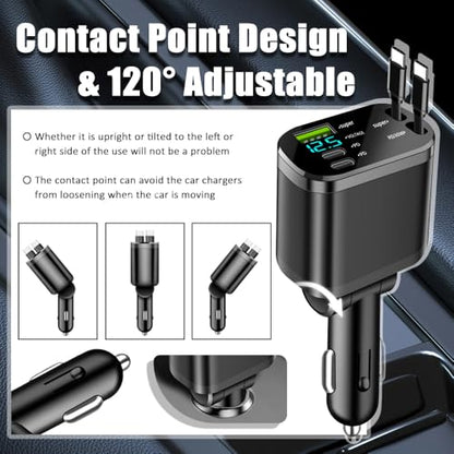 5 in 1 Retractable Car Charger Adapter,Upgraded Car Phone Charger with PD 30W Cable & USB Fast Charging Port,Universal USBs & USB C Cars Chargers Compatible with Android and iPhone