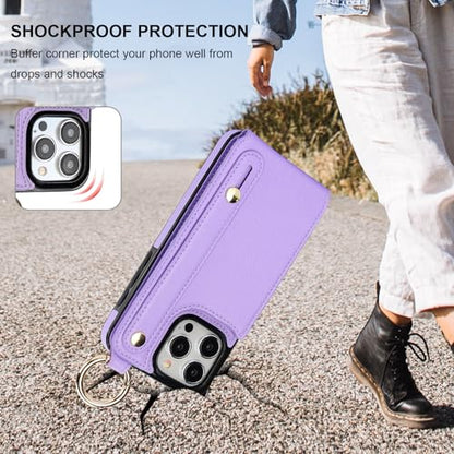 Folosu for iPhone 15 Pro Max Wallet Case with Card Holder, Hand Wrist Strap Loop Holder Kickstand, RFID Blocking Finger Grip Ring PU Leather Double Buttons Shockproof Cover 6.7" Purple - color: Purple
