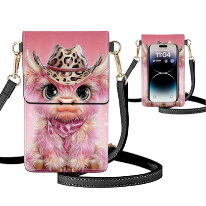 Small Crossbody Bags for Women Touchscreen Cell Phone Bag Cross Body Purses with adjustable Strap,Gifts For Teenage Girls - color: Pink Highland Cow