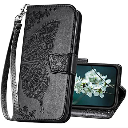 for iPhone 13 Pro Case Wallet for Women,Black | Flip Folio Butterfly Embossed PU Leather Kickstand Credit Card Holder Slots Magnetic Wrist Strap Phone Cover - color: Black