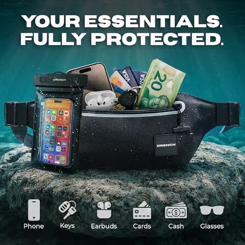 Drench 100% Underwater Waterproof Fanny Pack | Submersible Waterproof Phone Pouch & Waist Pack Dry Bag for Swimming, Boating, SUP & Snorkelling | Floating Belt Bag Underwater Phone Case | iPhone - color: Black
