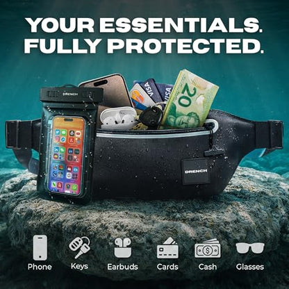 Drench 100% Underwater Waterproof Fanny Pack | Submersible Waterproof Phone Pouch & Waist Pack Dry Bag for Swimming, Boating, SUP & Snorkelling | Floating Belt Bag Underwater Phone Case | iPhone - color: Black