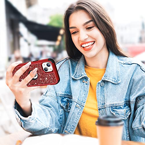 Hython Case for iPhone 13 Case Glitter, Cute Sparkly Shiny Bling Sparkle Cover, Heavy Duty 3 in 1 Hybrid Hard PC Soft TPU Bumper Full Body Shockproof Protective Phone Cases for Women Girls, Red - color: Red