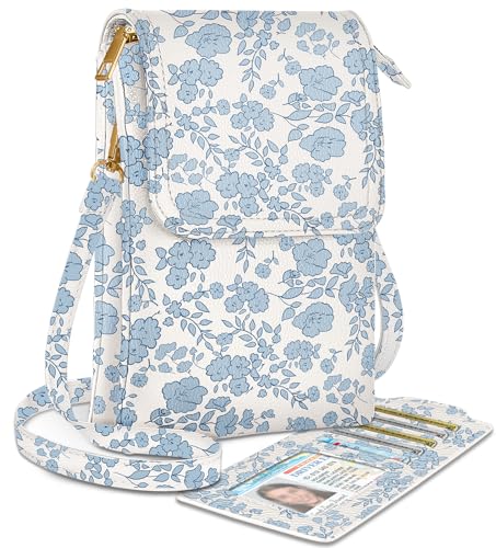Small Crossbody Phone Purse for Women | Card Slots, Leather Cell Phone Wallet, Adjustable Shoulder Strap, Cross Body Bag for Girls and Ladies, Cute Design - color: Blue Flower