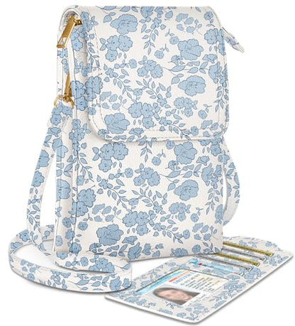 Small Crossbody Phone Purse for Women | Card Slots, Leather Cell Phone Wallet, Adjustable Shoulder Strap, Cross Body Bag for Girls and Ladies, Cute Design - color: Blue Flower
