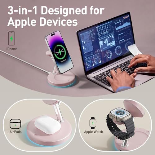 3 in 1 Mag-Safe Wireless Charger Stand for iPhone Apple Watch AirPods - color: Pink