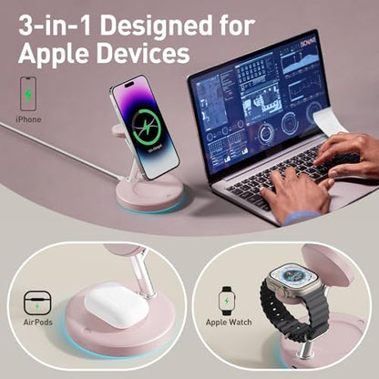 3 in 1 Mag-Safe Wireless Charger Stand for iPhone Apple Watch AirPods - color: Pink