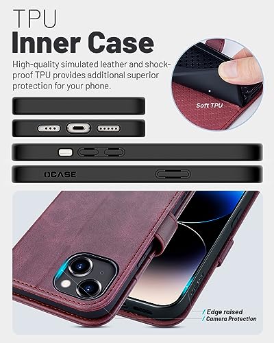 OCASE Compatible with iPhone 15 Wallet Case, PU Leather Flip Folio Case with Card Holders RFID Blocking Kickstand [Shockproof TPU Inner Shell] Phone Cover 6.1 Inch 2023, Mulberry - color: Mulberry