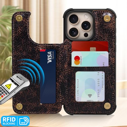 Wallet Real Leather Case Compatible with iPhone 15 Pro 6.1" | Genuine Leather,Shockproof, Anti-Fall Case,Flip Cover,with Card Slot,Double Magnetic Buckle,Kickstand,RFID Blocking Coffee - color: Brown Coffee, size: 6.1"-15 Pro