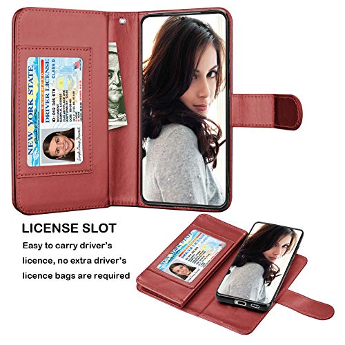 Njjex Wallet Case for Samsung Galaxy S21 Ultra 5G, For Galaxy S21 Ultra Case 6.8", [9 Card Slots] PU Leather ID Credit Holder Folio Flip [Detachable] Kickstand Magnetic Phone Cover & Lanyard -Wine Red - color: Wine Red