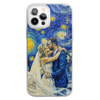 Custom Couple Photo Starry Night Art Matching Phone Case Anniversary Presents - Personalized Phone Case Custom Photo Impressionist Oil Painting Artistic Protective Cell Cover Smartphone Shell