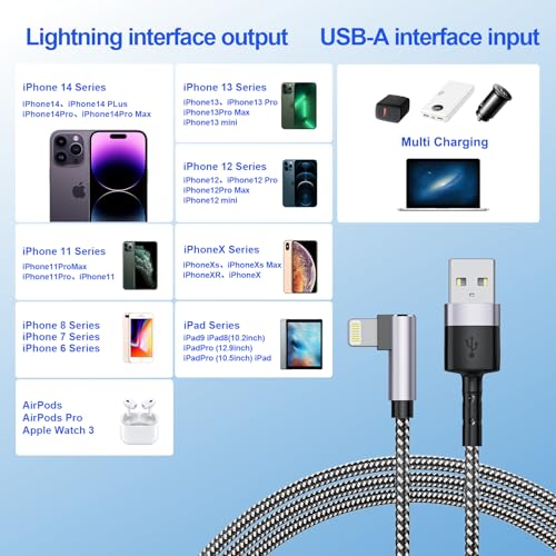 5Pack Right Angle Short iPhone Charger Cable 【15CM+30CM*2+50CM+1M】，90 Degree Apple USB A to Lightning Cable, Nylon Braided Sync Data Fast Charge Cord for iPhone 14 13 12 11 Pro Max Xs Xr 8 7 6 Plus SE