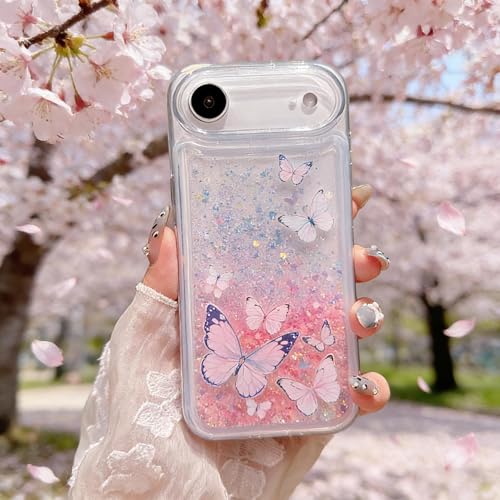 Compatible with iPhone Air Glitter Butterfly Case Glow in The Dark Women Girls Girly Bling Sparkle Flowing Quicksand Light up Soft TPU Bumper Luminous Clear Phone Cover, Purple - color: Pink, size: iPhone Air