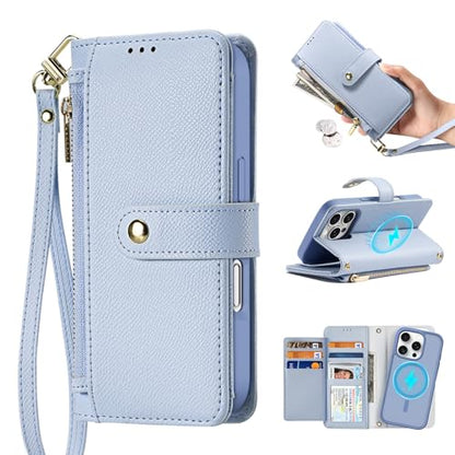 for iPhone 16 Pro Case Wallet, Detachable Magnetic Wallet Case | Compatible with Magsafe, RFID Blocking, Zipper Card Holder, PU Leather Flip Folio Case, Strap Wallet Case, Phone Kickstand - color: Blue, size: iPhone 16 Pro