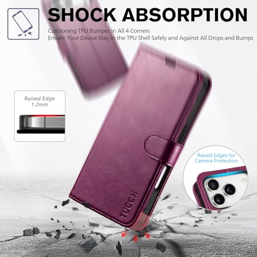 TUCCH Wallet Case for iPhone 17 Pro (6.3") 2025, 4 Card Slots, Plum Purple | RFID Blocking, Viewing Stand, Shockproof TPU Shell, PU Leather, Magnetic Closure, Protective Folio Flip Cover - color: Plum Purple