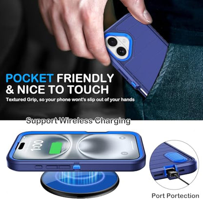 for iPhone 16 Case with Screen Protector, Heavy Duty Shockproof Drop Protection Military Grade Tri-Layer Full Covered Rugged Durable Cell Phone Cover with Built-in Invisible Kickstand 6.1" (Blue) - color: Blue