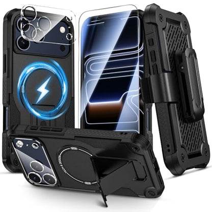 Caka 4-in-1 for iPhone 17 Pro Max Case with Belt Clip Holster and Stand | HD Glass Screen & Camera Lens Protector, Compatible with MagSafe, Hidden Kickstand, Rugged Heavy Duty Shockproof Phone Cover - color: Black