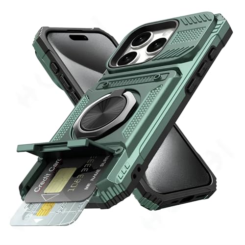 Military Grade Phone Case with Wallet & Magnetic Ring Kickstand, 2-Card Holder, Heavy Duty Drop Protection, Dual Layer TPU+PC Cover for iPhone 11/13/14/15/16/17 Pro Max (Green, iPhone 15 Plus) - color: Green