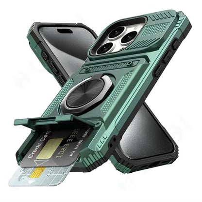 Military Grade Phone Case with Wallet & Magnetic Ring Kickstand, 2-Card Holder, Heavy Duty Drop Protection, Dual Layer TPU+PC Cover for iPhone 11/13/14/15/16/17 Pro Max (Green, iPhone 15 Plus) - color: Green