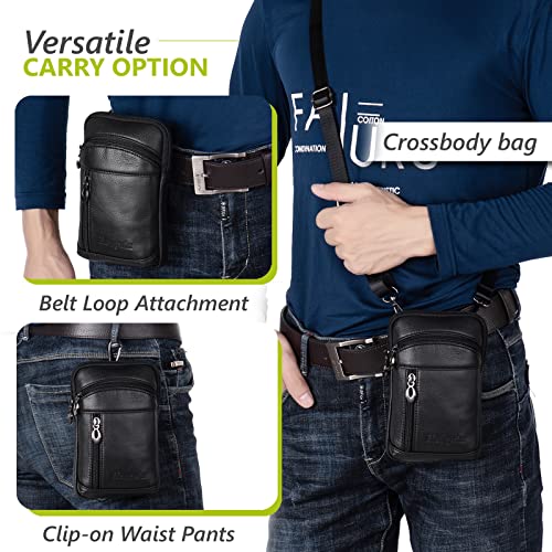 Genuine Leather Crossbody Bag for Men/Women, Small Messenger Bag Cell Phone Purse Shoulder Holster Passport Pouch - color: Black