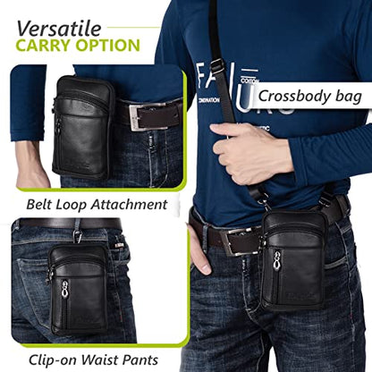 Genuine Leather Crossbody Bag for Men/Women, Small Messenger Bag Cell Phone Purse Shoulder Holster Passport Pouch - color: Black