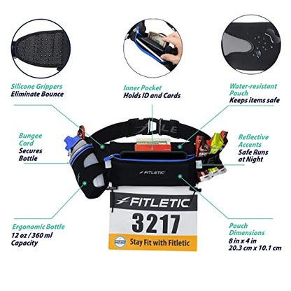 Fitletic Hydration Running Belt With 12oz Quick Flow Water Bottle For Men & Women –Race Belt, Gel Holder & Bib Toggles Patented Bounce Free Design, Water Resistant Fits All Phones –Fully Loaded - size: S/M (24"-34")