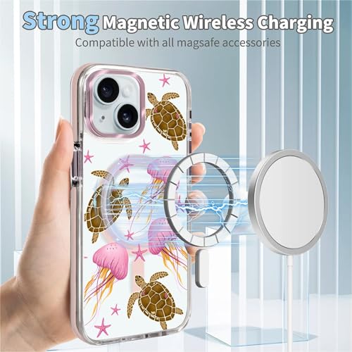 VisEnt Clear Case for iPhone 15, Magnetic Phone Case, Transparent Slim Cover, Military Grade Protection, Shockproof, Anti-Yellowing, Scratch Resistant, Pink Jellyfish Sea Turtle - color: Pink Jellyfish Sea Turtle, size: Iphone 15