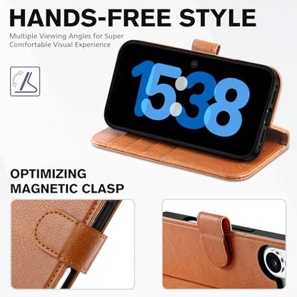 TUCCH Case Wallet for iPhone 17 6.3" 2025, RFID Blocking Folio, Light Brown | 4 Card Holders, Kickstand, PU Leather, Magnetic Closure, Shockproof TPU Shell, Protective Flip Cover - color: Textured Light Brown