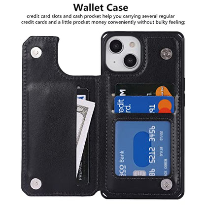 iCoverCase Compatible with iPhone 14 Wallet Phone Case with Card Holder for Women, RFID Blocking Embossed PU Leather Wrist Strap Case 6.1 Inch (Heart Black) - color: H-Black