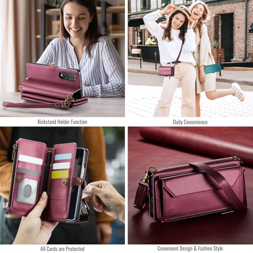 Strapurs Crossbody Wallet Case Compatible with Samsung Galaxy Z Fold 3 with RFID Blocking Card Holder & Pen Holder Slot Soft PU Leather Shoulder Strap Zipper Pocket Purse Fold 3 Phone Case, Wine Red | RFID Blocking 5-Card Holder, Shoulder Lanyard, Wirst S