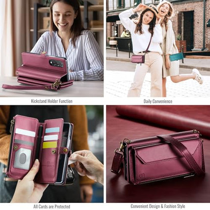 Strapurs Crossbody Wallet Case Compatible with Samsung Galaxy Z Fold 3 with RFID Blocking Card Holder & Pen Holder Slot Soft PU Leather Shoulder Strap Zipper Pocket Purse Fold 3 Phone Case, Wine Red | RFID Blocking 5-Card Holder, Shoulder Lanyard, Wirst S