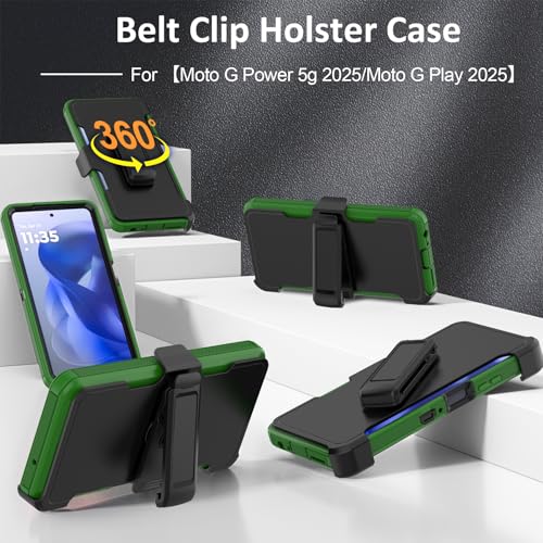 Rugged Phone Case for Moto G Power 5G 2025/Moto G Play 2025, with Belt Clip Holster & Kickstand Heavy Duty Shockproof Protective Full Body Case (Green+Black) - color: Green+Black