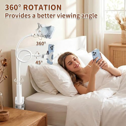Gooseneck Phone Holder, 27.5" Flexible Phone Holder for Bed Desk, 360° Rotation Cell Phones Stand with Clamp, Heavy Duty Bracket for Bedside Living Room/White - color: White