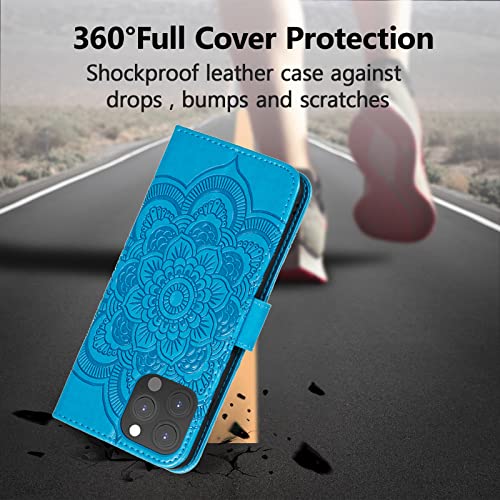 EYZUTAK Case for iPhone 13 Pro Max, Premium PU Leather Magnetic Flip Wallet Case with Card Holder Cash Slot Lanyard Strap Kickstand Function Embossed Mandala Flower Pattern Shockproof Cover - Blue - color: Blue, size: iPhone 13 Pro Max