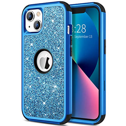 Hython Case for iPhone 13 Case Glitter, Cute Sparkly Shiny Bling Sparkle Cover, Heavy Duty 3 in 1 Hybrid Hard PC Soft TPU Bumper Full Body Shockproof Protective Phone Cases for Women Girls, Blue - color: Blue