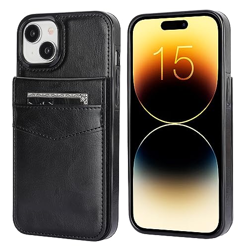 KIHUWEY for iPhone 15 Plus Wallet Case Card Holder Kickstand, Black | Credit Card Slots, PU Leather, Magnetic Clasp, Flip Heavy Duty Protection Cover for Men and Women - color: Black