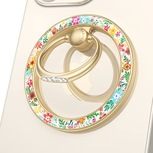 Doflyesky Magnetic Phone Ring Holder for iPhone, 360 Degree Rotation Floral Phone Grip Finger Ring Kickstand for iPhone 16 15 14 13 12 Pro Max Plus MagSafe Case, Android Phone, Gold